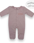 Purple baby onesie with 'mother's choice' branding on a white background