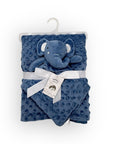 Blue plush toy and blanket set with a tag on a white background