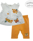 Baby outfit with white top and orange pants featuring floral and butterfly designs on a white background.