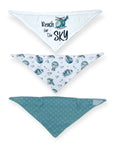 Three triangular bandanas with different designs on a white background