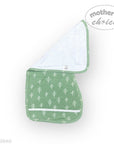 Green baby bib with white leaf pattern on a white background, featuring 'mother's choice' branding.