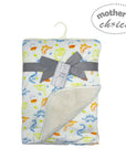 Baby blanket with dinosaur pattern and gray bow, branded 'Mother's Choice', on a white background