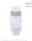 Three baby bodysuits in white, gray, and light blue with a 'Mother's Choice' label on a white background.