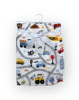 Baby blanket with road and vehicle pattern on a hanger
