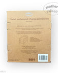 Cardboard box packaging for 2-pack waterproof change pad covers with 'Mother's Choice' branding.