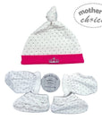 Baby hat, booties, and socks set with 'Mother's Choice' branding on a white background