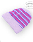 Purple and pink striped beanie on a white background with 'Mother's Choice' branding.
