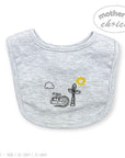 Gray baby bib with embroidered design on a white background