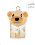 Bear-shaped towel with a white ribbon and 'Mother's Choice' tag on a white background
