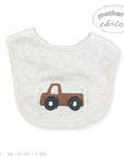 Baby bib with brown truck design on a white background, branded 'Mother's Choice'.