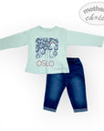Light blue long-sleeve shirt with 'Oslo' print and blue jeans on a white background, featuring 'Mother's Choice' branding.