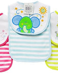 Three baby bibs with colorful designs and stripes, featuring cartoon characters.