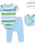 Baby outfit set with striped onesie, pants, and bib on a white background