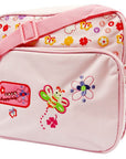 Pink children's bag with floral and butterfly designs on a white background