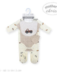 Baby romper with car design on a hanger against a white background, featuring 'Mother's Choice' branding.