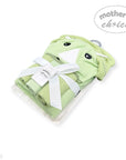 Green baby towel with white bow and 'Mother's Choice' label on a white background