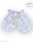 Baby blue mittens with house pattern on a white background, branded 'Mother's Choice'.