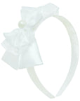 Mothers Choice Girls Alice Band White Satin/Lace Bows And Pearl