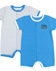 Two baby rompers, one striped and one with 'Chill Dude' text, on a white background.