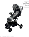 Black and gray stroller with a baby seat on a white background, featuring 'Mother's Choice' branding.