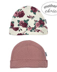 Two baby hats with floral and pink patterns on a white background, branded 'mother's choice'.