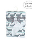 Baby blanket with whale pattern and gray bow, branded 'Mother's Choice', on a white background