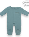 Teal baby onesie with 'basics' and 'mother's choice' branding on a white background