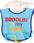 Baby bib with 'Droolin' is my job' text on a white background