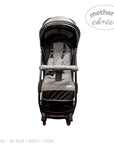 Black and gray baby stroller with quilted pattern on a white background, featuring 'Mother's Choice' branding.