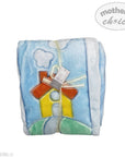 Colorful blanket with a tag on a white background, featuring 'Mother's Choice' branding.