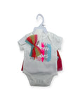 Baby onesie with colorful design on a hanger against a white background
