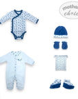 Baby clothing set with onesie, hat, booties, and blanket on a white background with 'mother's choice' branding.