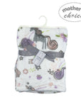 Baby blanket with animal pattern and 'Mother's Choice' tag on a white background