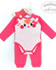 Baby outfit with pink long-sleeve top and pants, featuring a cartoon face design, on a white background with 'mother's choice' branding.