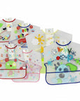 Set of colorful baby bibs with various designs on a white background