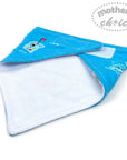 Blue baby bib with cartoon design on a white background, featuring 'mother's choice' branding.
