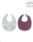 Two baby bibs, one with floral pattern and one solid color, on a white background with 'mother's choice' branding.