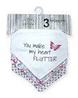 Packaged bandana bib with butterfly design and text on a white background