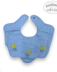Blue bib with floral embroidery on a white background, featuring 'mother's choice' branding.
