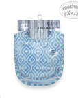 Blue patterned baby bibs on a hanger with 'Mother's Choice' branding.