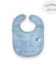Blue patterned baby bib with 'mother's choice' branding on a white background