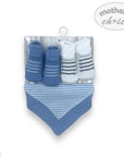 Baby socks and bib set with 'Mother's Choice' branding on a white background