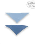 Two blue triangle-shaped baby accessories on a white background with 'mother's choice' branding.