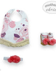 Baby hat, socks, and headband set with floral patterns on a white background