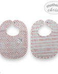 Two baby bibs with patterned designs on a white background, featuring 'mother's choice' branding.