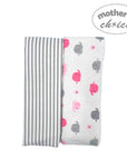 Two baby blankets, one striped and one with pink and gray patterns, on a white background. 'Mother's Choice' branding visible.