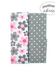 Two fabric swatches with floral and polka dot patterns on a white background, branded 'mother's choice'.