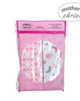 Pack of cotton receivers with pink and white design in clear packaging on a white background.