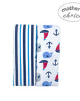 Two baby blankets with nautical patterns on a white background, featuring 'mother's choice' branding.
