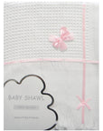 Gray baby shawl with pink decorative elements on a white background
